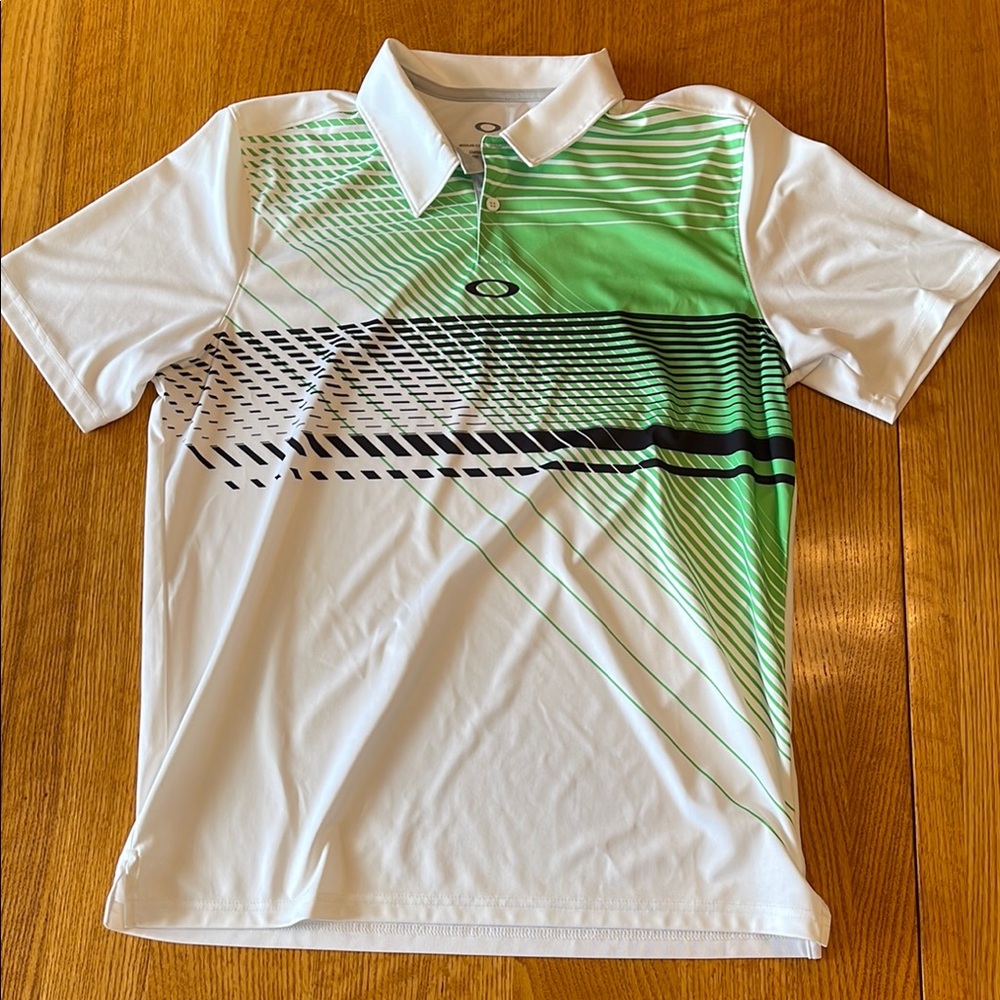 Oakley White and Green Golf Polo